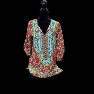 NLW Boho Floral Abstract Print Mini Shift Dress-Sz Small V-Neck Top  3/4 Sleeve